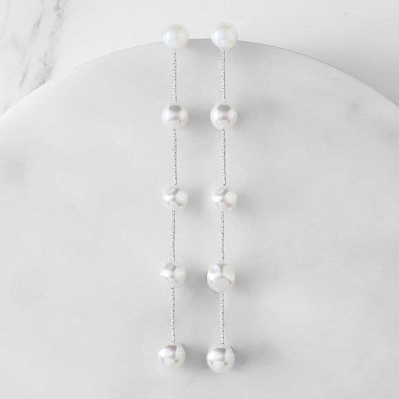 4" Long Baroque Pearl Silver Chain Earrings Bridal Bride Chains Faux Pearls New - Picture 4 of 7